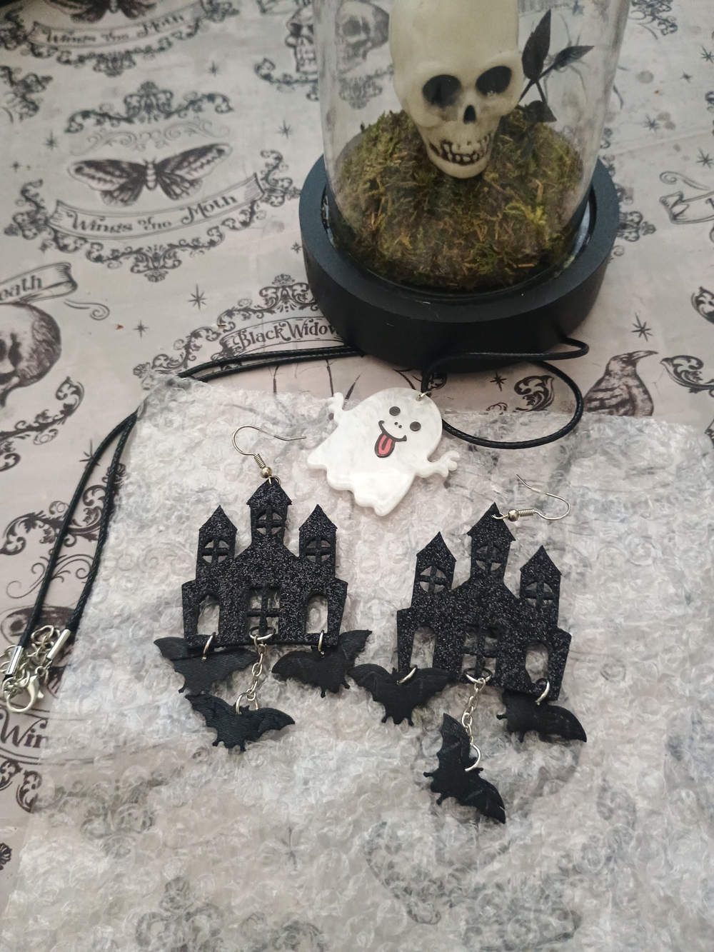Kids Halloween Haunted House Bat Dangle Earrings Necklace Set - Black